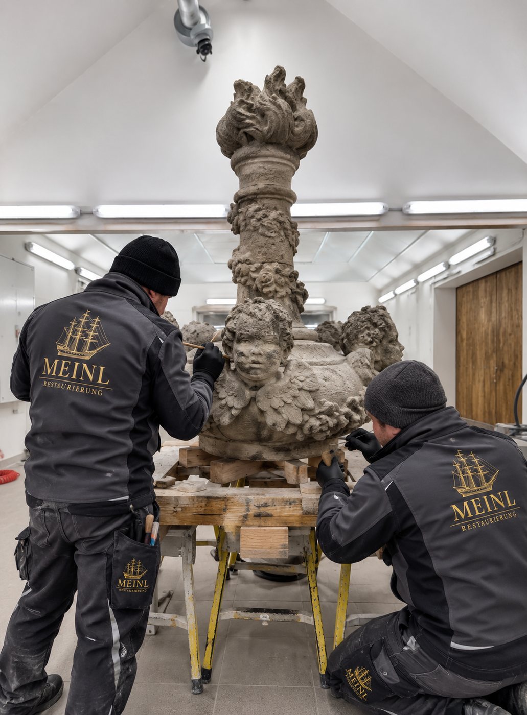 Restauratoren von Meinl Restaurierung bei der Steinrestaurierung einer barocken Skulptur in der Werkstatt